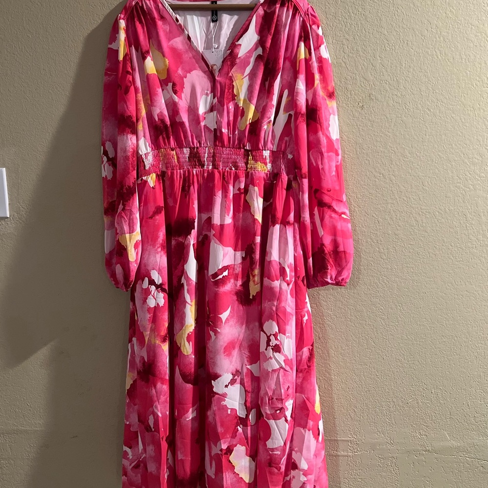 Vibrant Pink and White Floral Pretty Garden Long Sleeve Dress